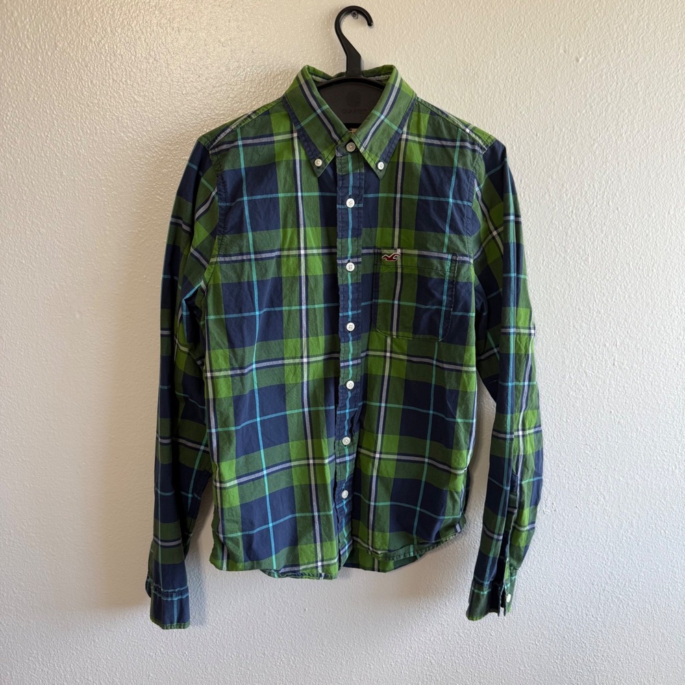 Vintage Y2K Hollister Men's Large Green Navy Blue Plaid Button Up Shirt Preppy